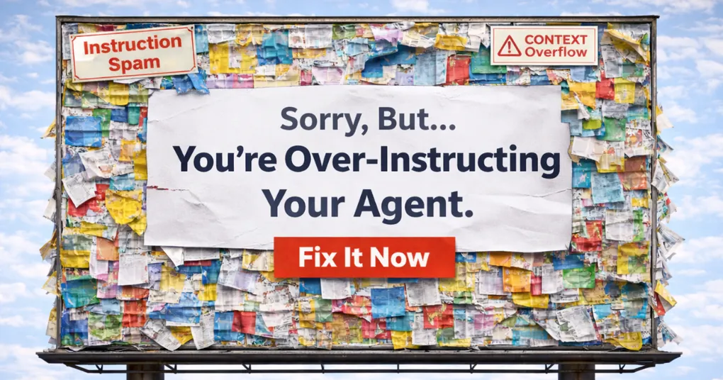 A billboard plastered with dozens of overlapping sticky notes and papers, so many that the original message is barely readable. The center reads 'Sorry, But... You're Over-Instructing Your Agent. Fix It Now.' Two warning signs on top read 'Instruction Spam' and 'Context Overflow.'